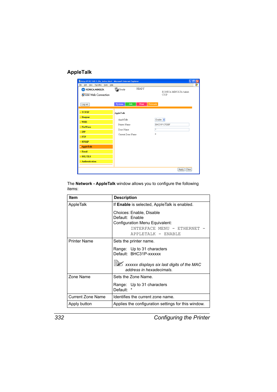 Appletalk, Appletalk 332, Configuring the printer 332 | Konica Minolta bizhub C31P User Manual | Page 350 / 382