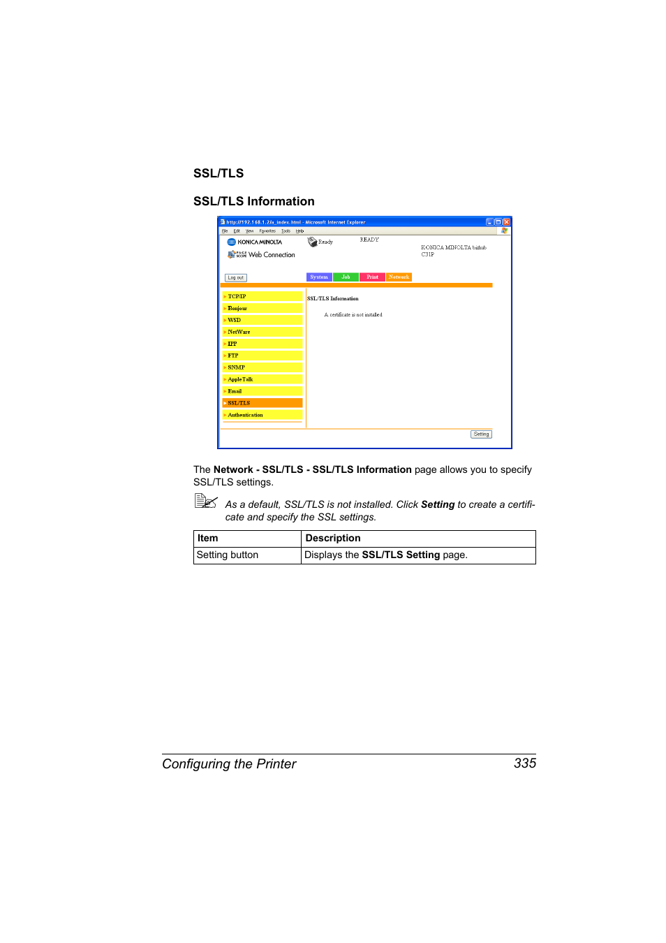 Ssl/tls, Ssl/tls information, Ssl/tls 335 ssl/tls information 335 | Konica Minolta bizhub C31P User Manual | Page 353 / 382