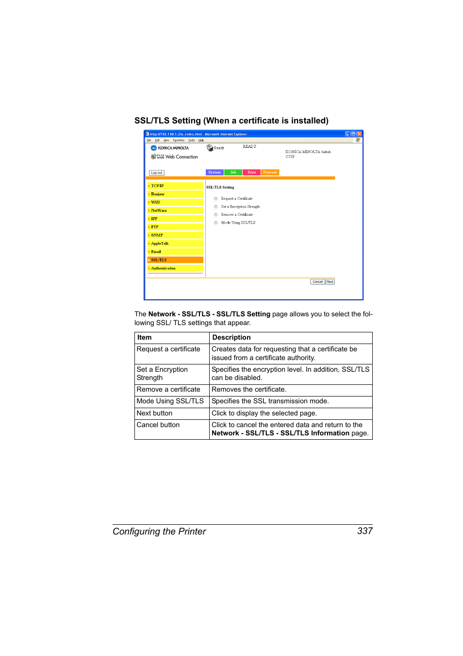 Ssl/tls setting (when a certificate is installed), Configuring the printer 337 | Konica Minolta bizhub C31P User Manual | Page 355 / 382