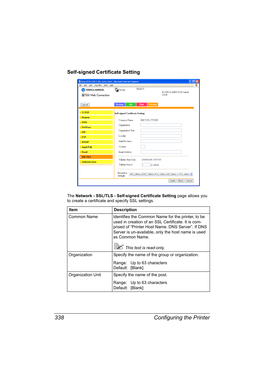 Self-signed certificate setting, Self-signed certificate setting 338 | Konica Minolta bizhub C31P User Manual | Page 356 / 382