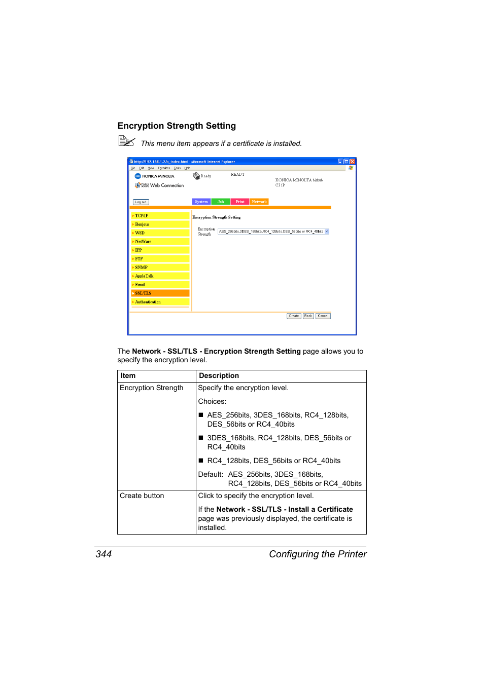 Encryption strength setting, Encryption strength setting 344, Configuring the printer 344 | Konica Minolta bizhub C31P User Manual | Page 362 / 382