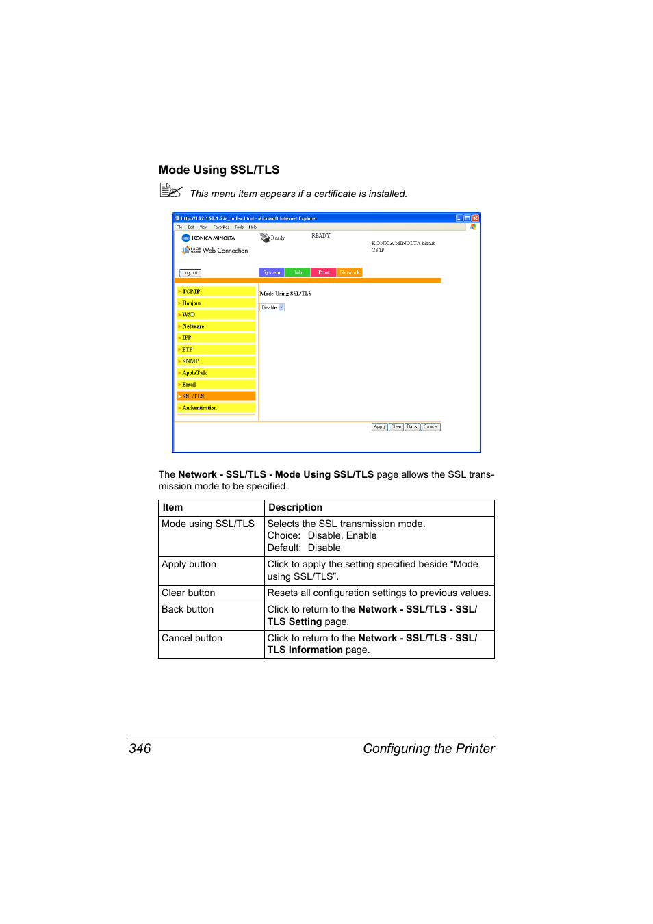 Mode using ssl/tls, Mode using ssl/tls 346, Configuring the printer 346 | Konica Minolta bizhub C31P User Manual | Page 364 / 382
