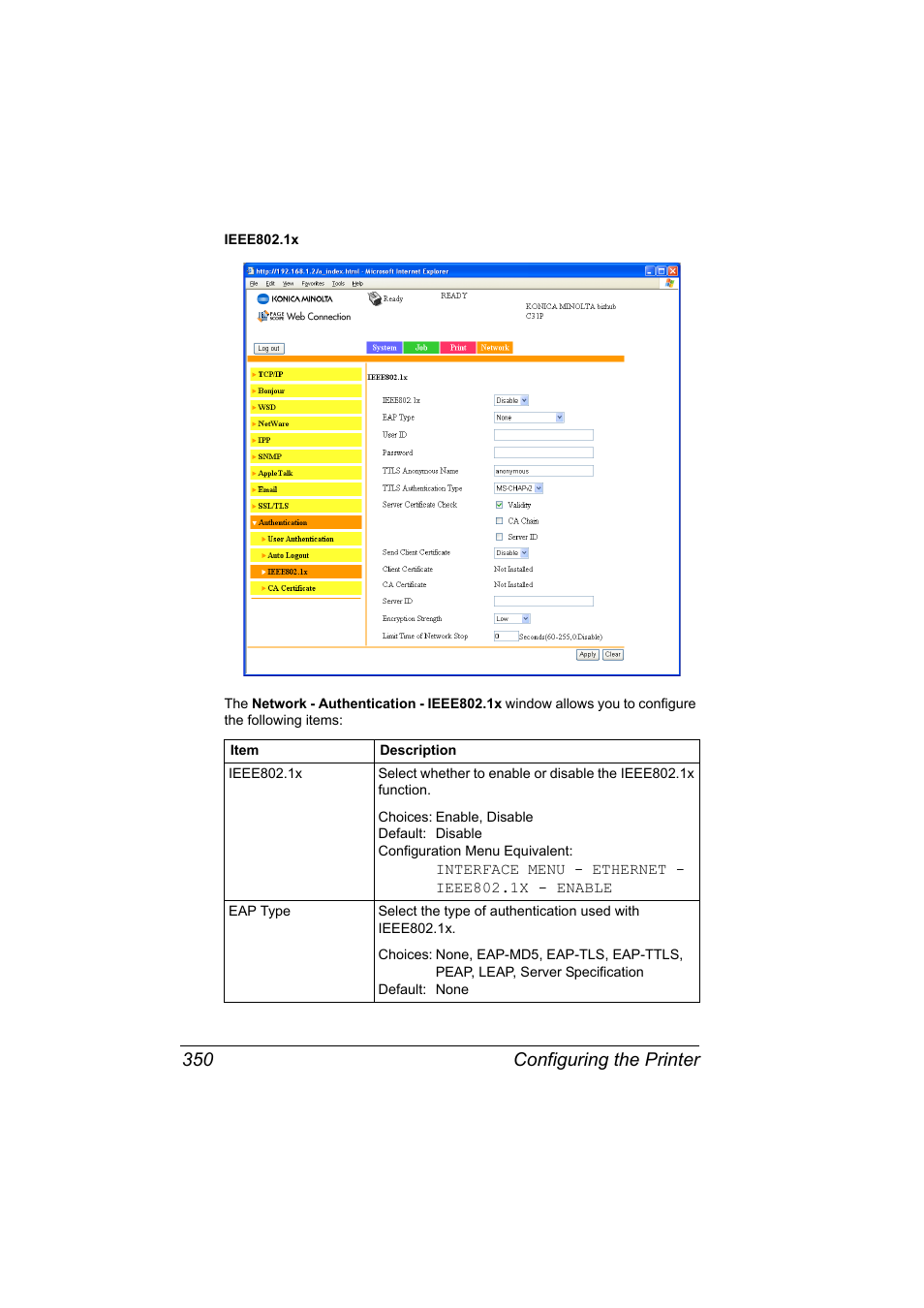 Configuring the printer 350 | Konica Minolta bizhub C31P User Manual | Page 368 / 382