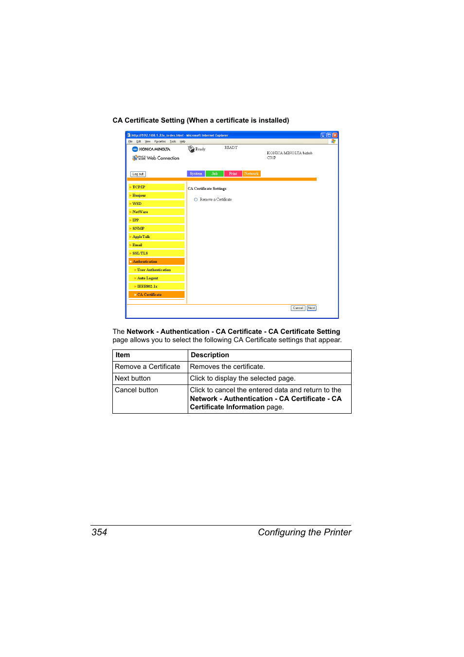 Configuring the printer 354 | Konica Minolta bizhub C31P User Manual | Page 372 / 382