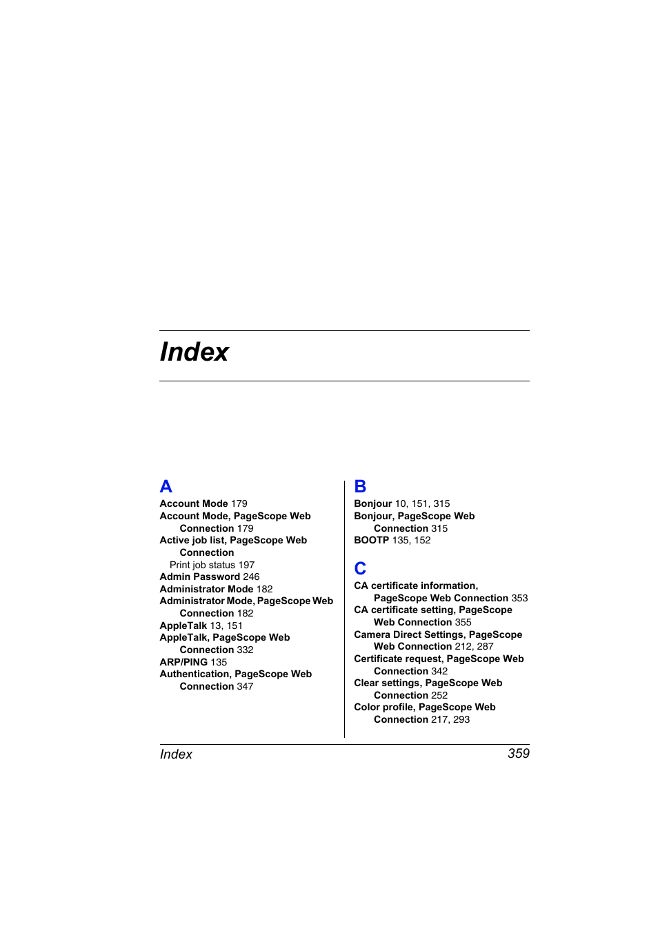 Index, A to c | Konica Minolta bizhub C31P User Manual | Page 377 / 382