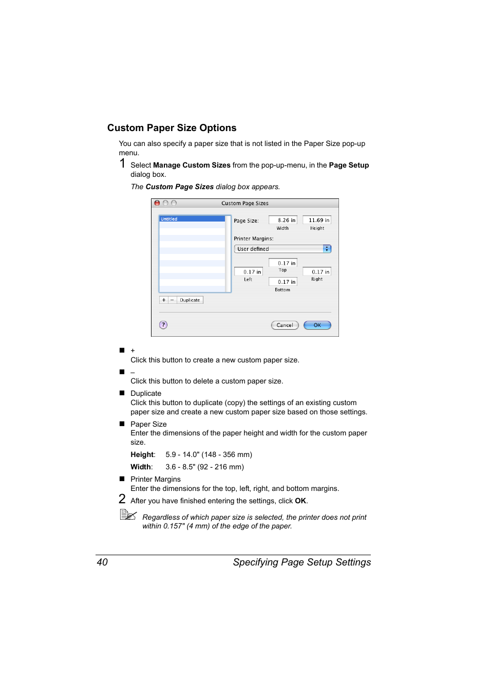 Custom paper size options, Custom paper size options 40 | Konica Minolta bizhub C31P User Manual | Page 58 / 382