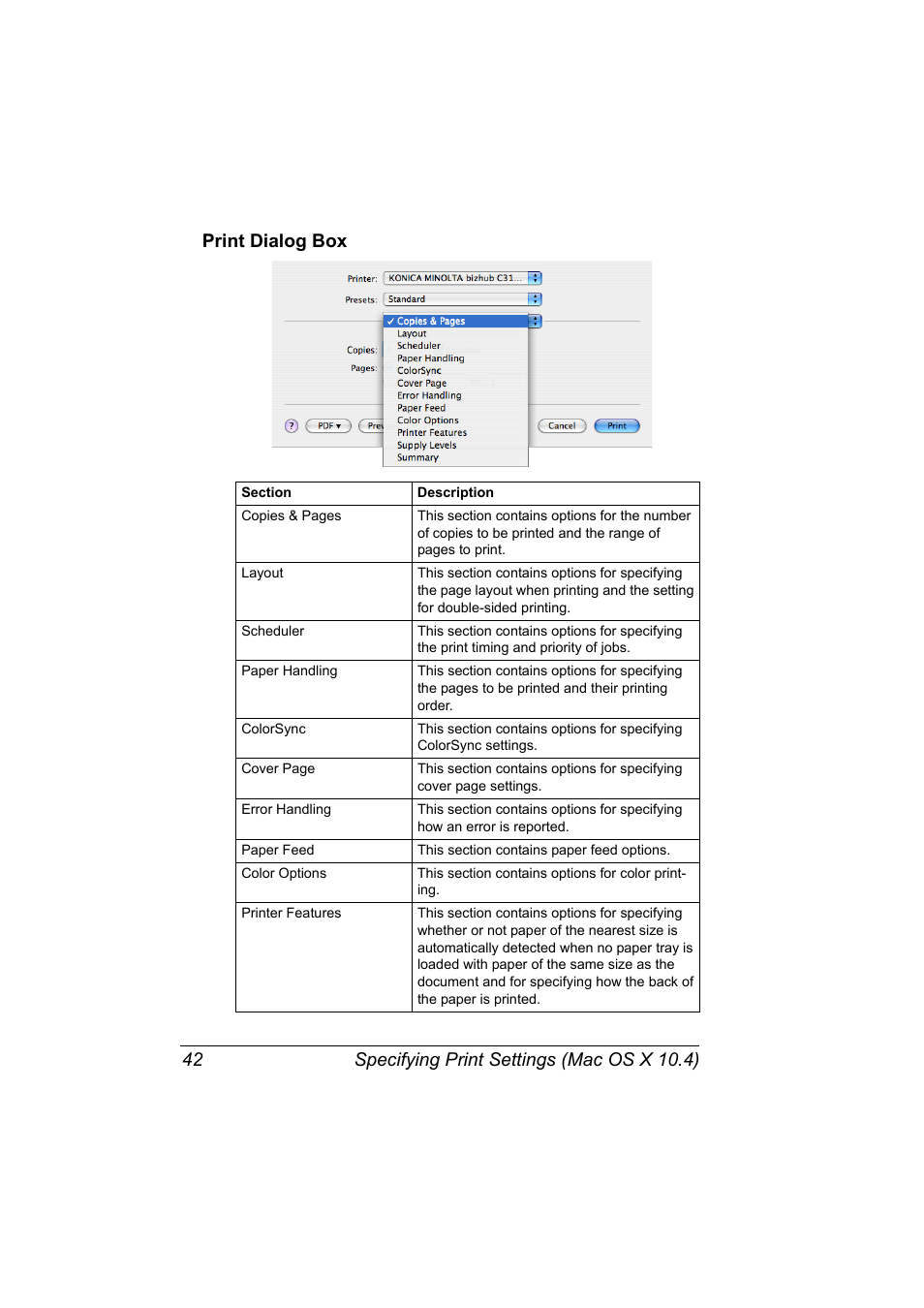 Print dialog box, Print dialog box 42 | Konica Minolta bizhub C31P User Manual | Page 60 / 382