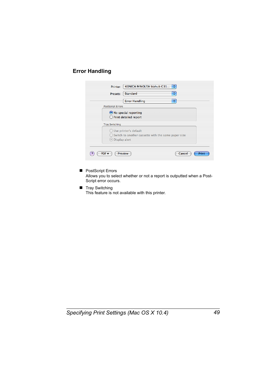 Error handling, Error handling 49 | Konica Minolta bizhub C31P User Manual | Page 67 / 382