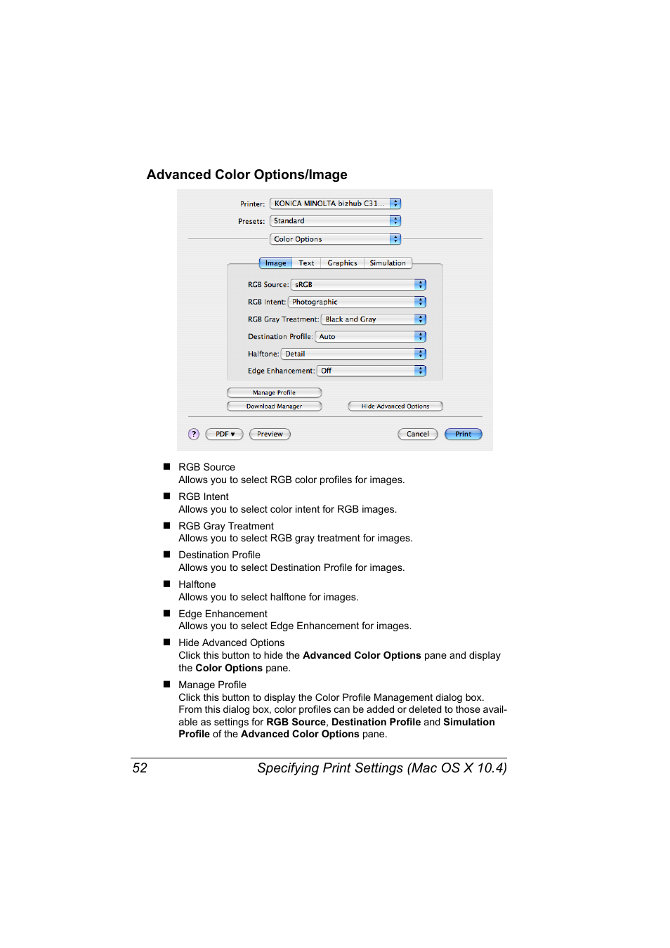 Advanced color options/image, Advanced color options/image 52 | Konica Minolta bizhub C31P User Manual | Page 70 / 382