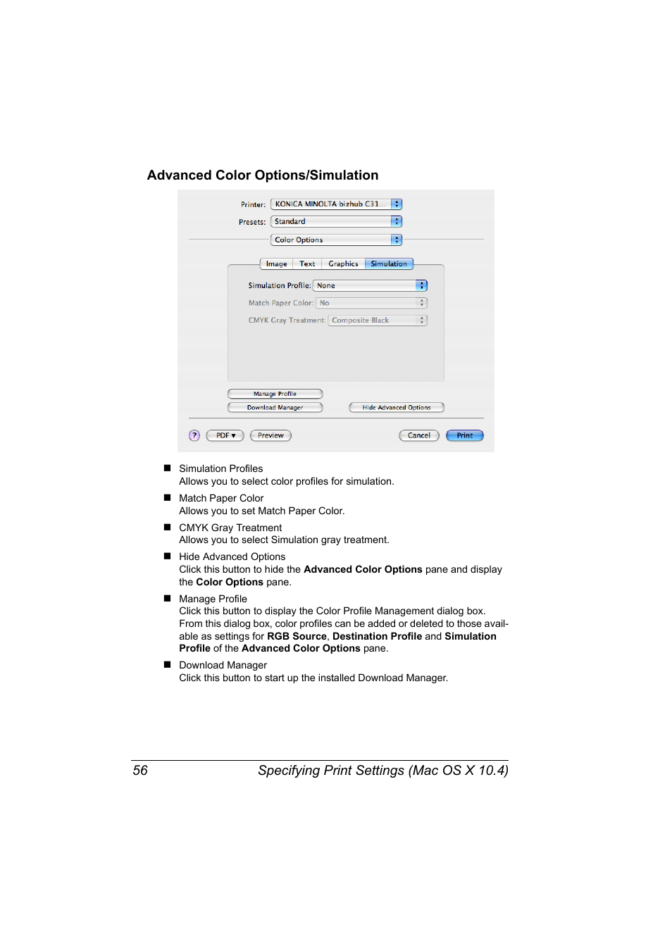 Advanced color options/simulation, Advanced color options/simulation 56 | Konica Minolta bizhub C31P User Manual | Page 74 / 382