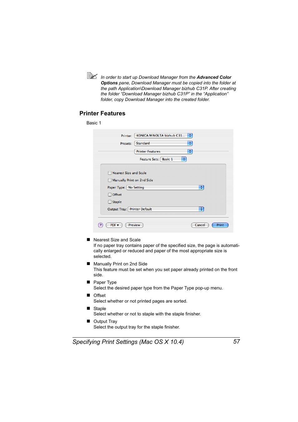 Printer features, Printer features 57 | Konica Minolta bizhub C31P User Manual | Page 75 / 382