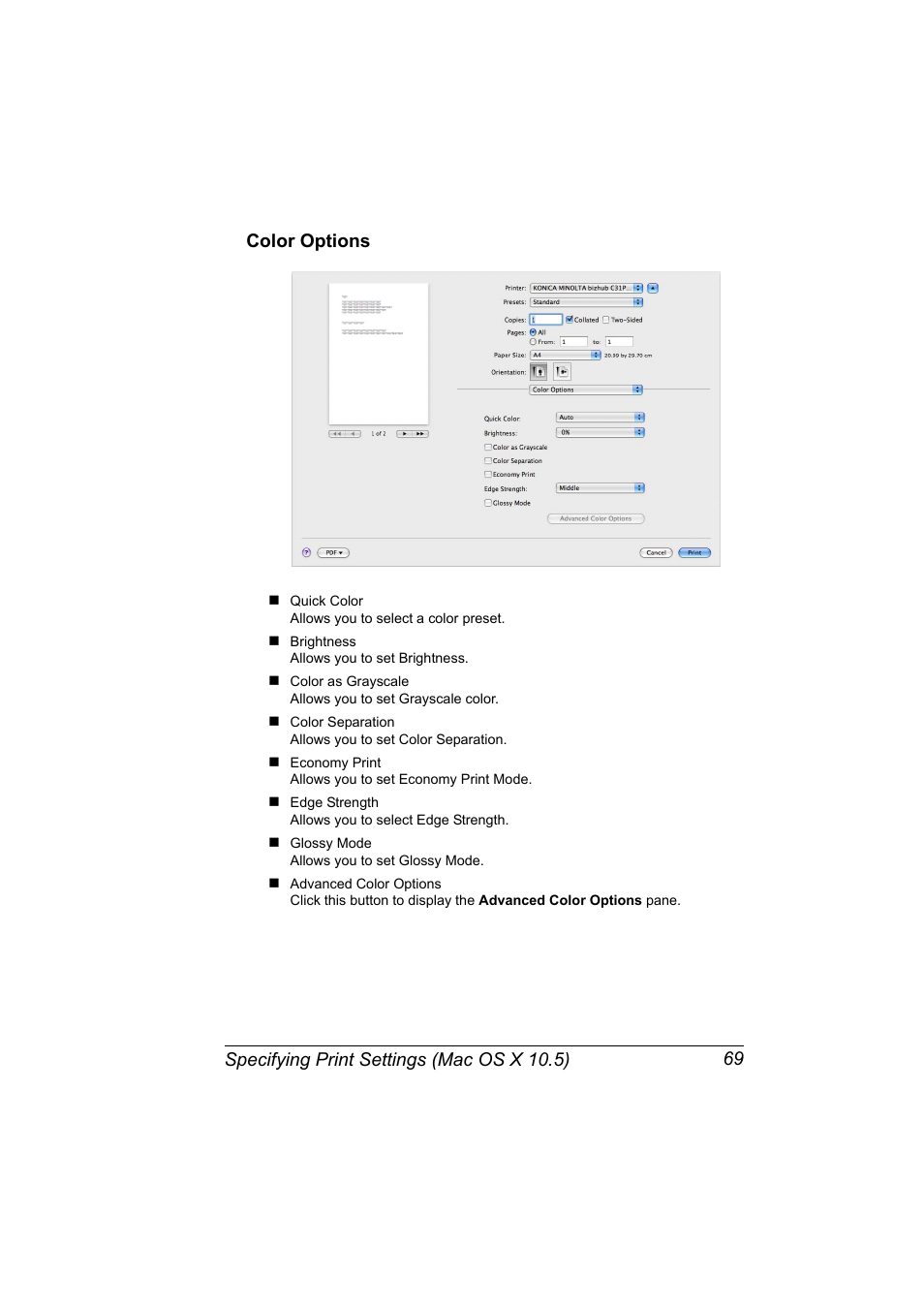 Color options, Color options 69 | Konica Minolta bizhub C31P User Manual | Page 87 / 382