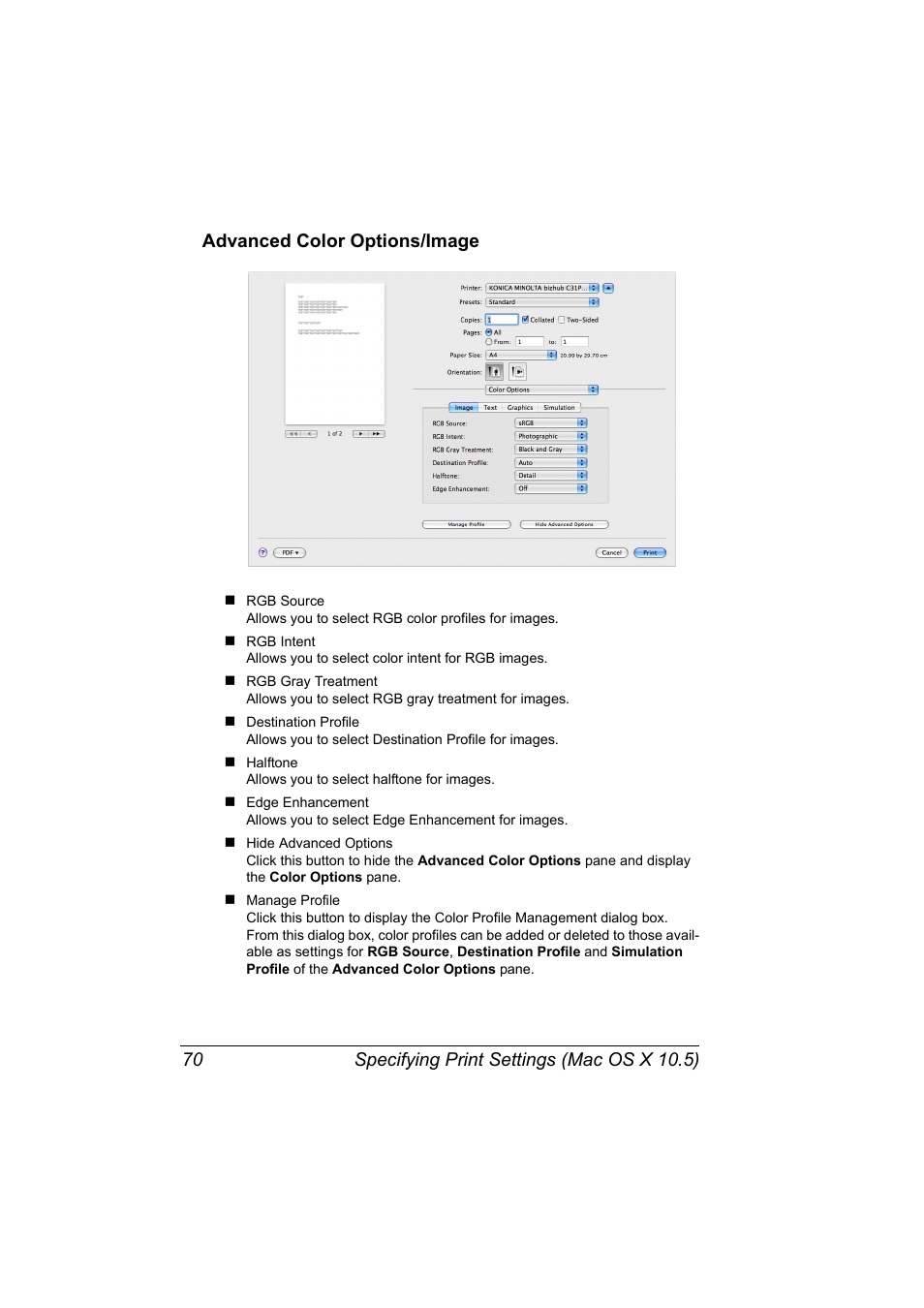 Advanced color options/image, Advanced color options/image 70 | Konica Minolta bizhub C31P User Manual | Page 88 / 382