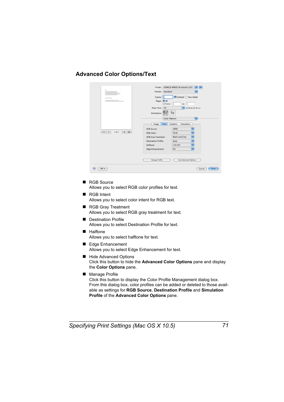 Advanced color options/text, Advanced color options/text 71 | Konica Minolta bizhub C31P User Manual | Page 89 / 382