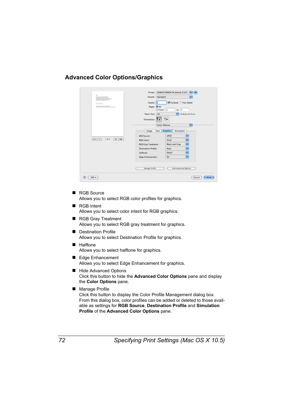 Advanced color options/graphics, Advanced color options/graphics 72 | Konica Minolta bizhub C31P User Manual | Page 90 / 382