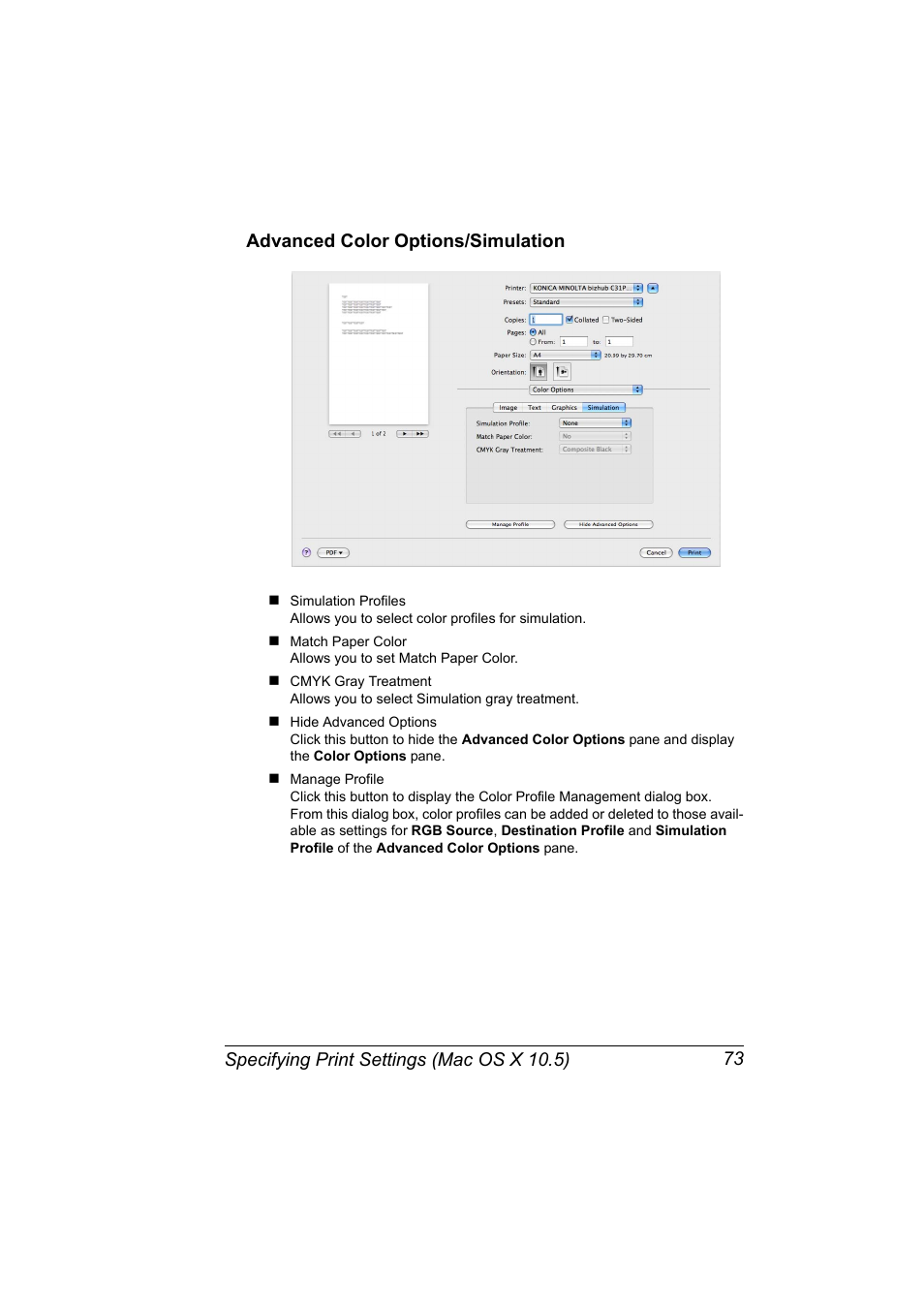 Advanced color options/simulation, Advanced color options/simulation 73 | Konica Minolta bizhub C31P User Manual | Page 91 / 382