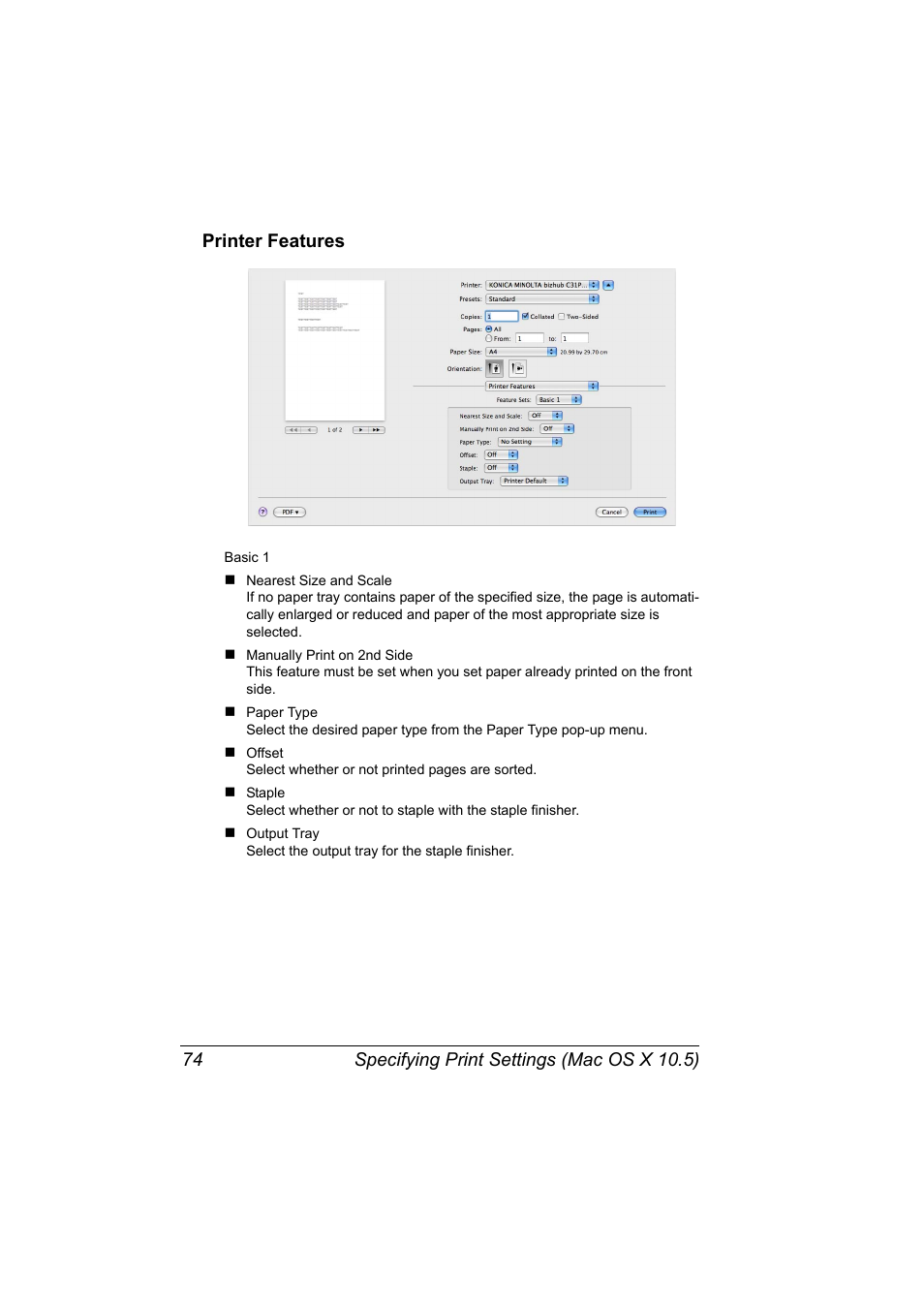 Printer features, Printer features 74 | Konica Minolta bizhub C31P User Manual | Page 92 / 382