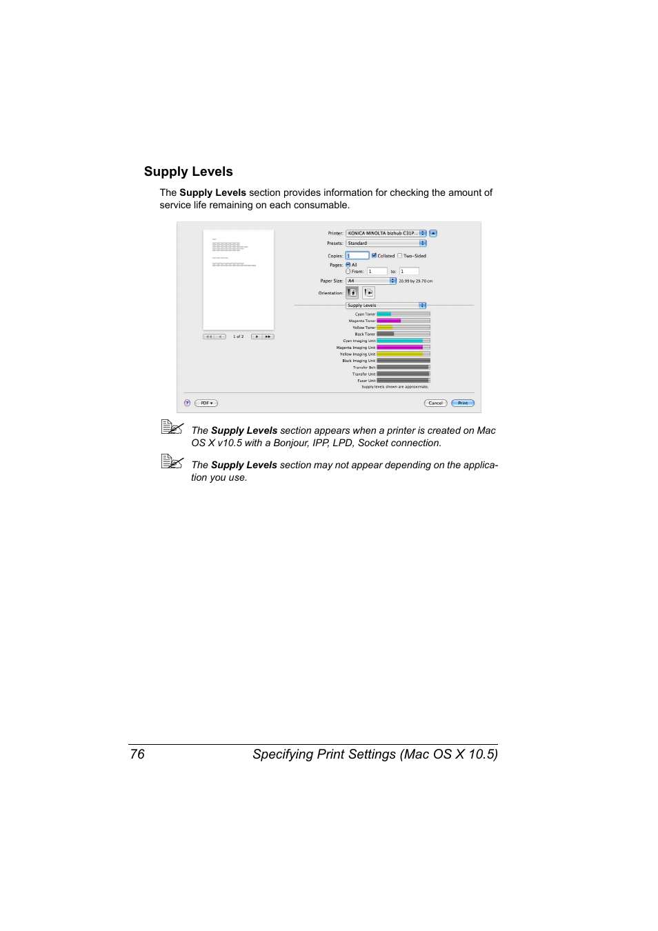 Supply levels, Supply levels 76 | Konica Minolta bizhub C31P User Manual | Page 94 / 382