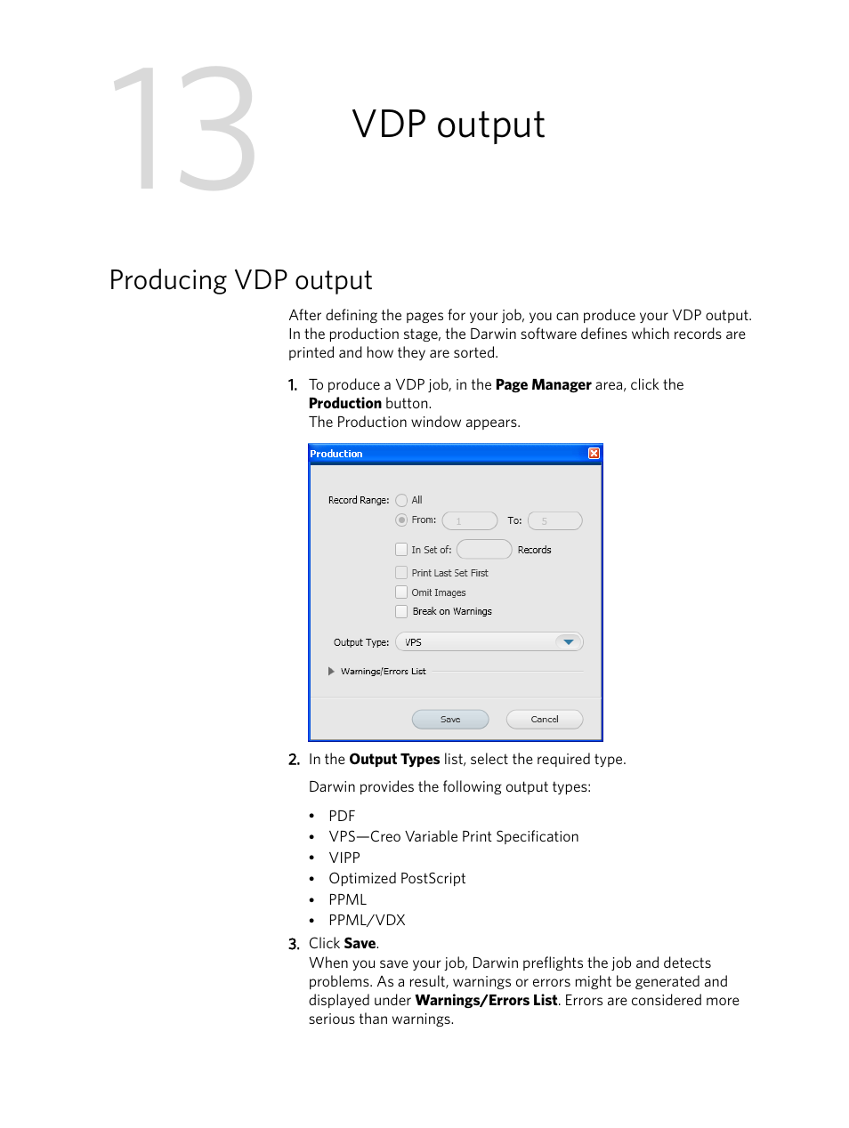 Vdp output, Producing vdp output | Konica Minolta Darwin VDP Software User Manual | Page 103 / 110