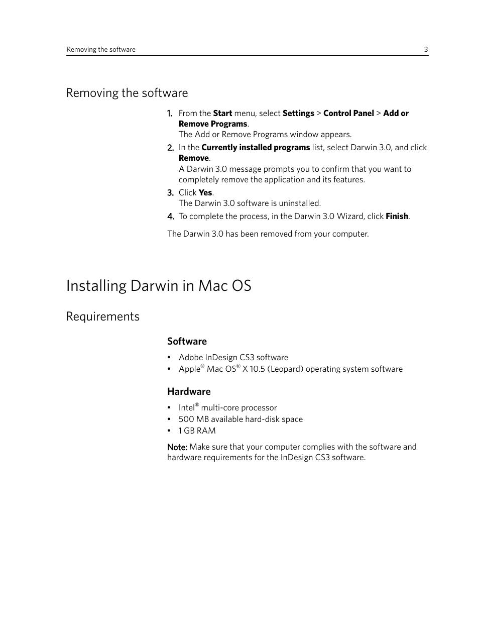 Removing the software, Installing darwin in mac os, Requirements | Software, Hardware | Konica Minolta Darwin VDP Software User Manual | Page 11 / 110