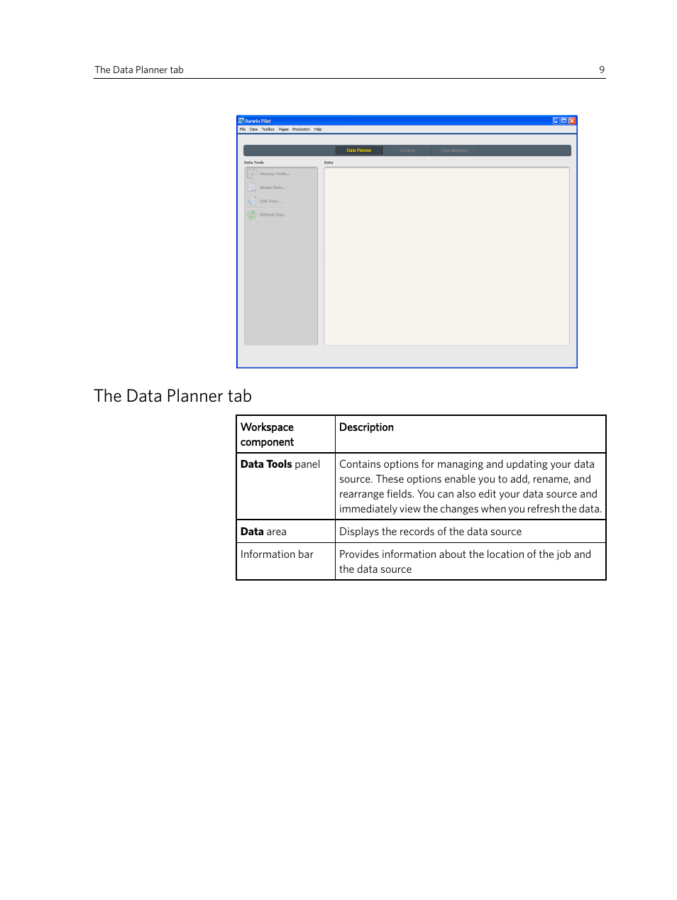 The data planner tab | Konica Minolta Darwin VDP Software User Manual | Page 17 / 110