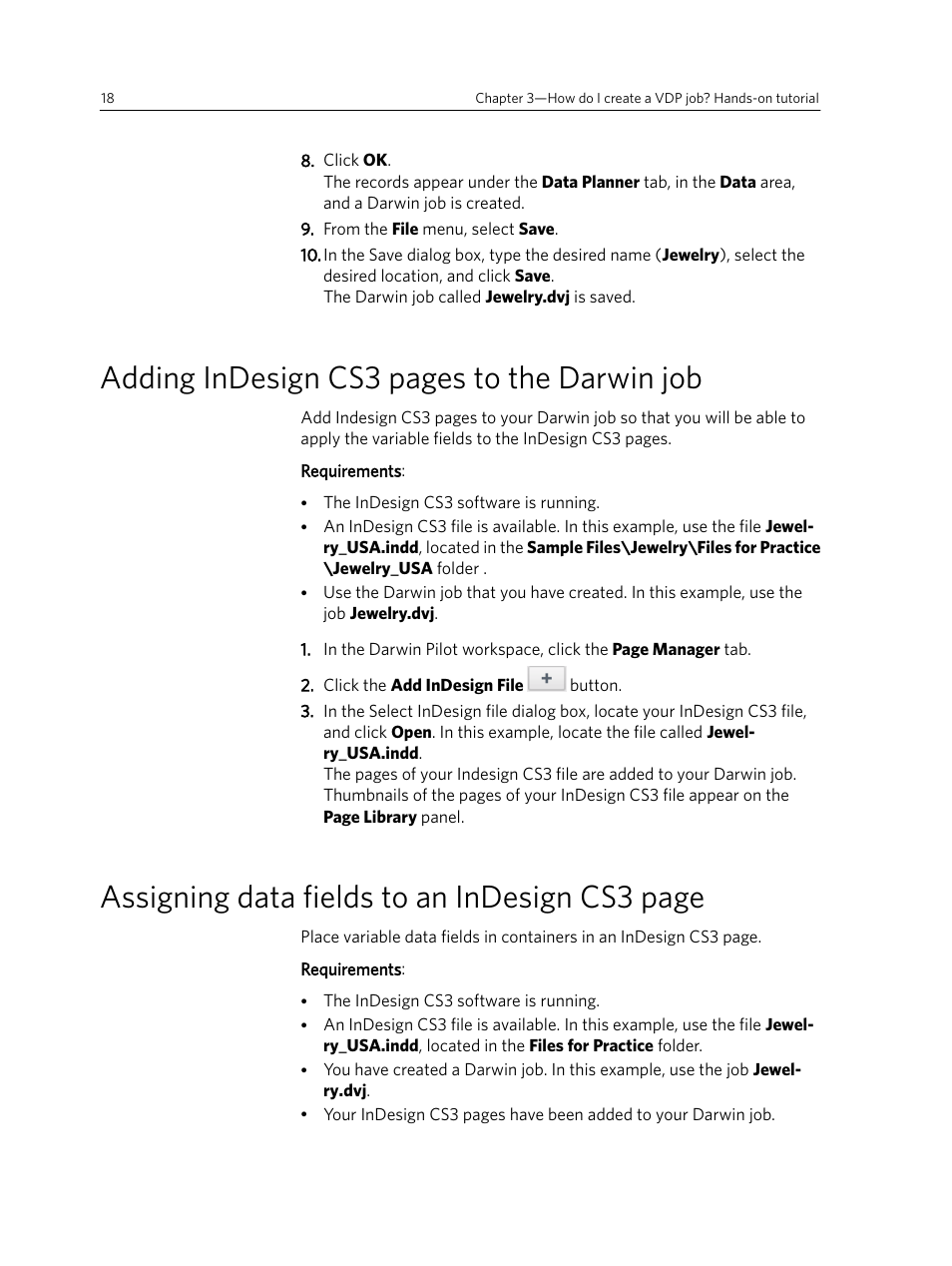 Adding indesign cs3 pages to the darwin job, Assigning data fields to an indesign cs3 page | Konica Minolta Darwin VDP Software User Manual | Page 26 / 110