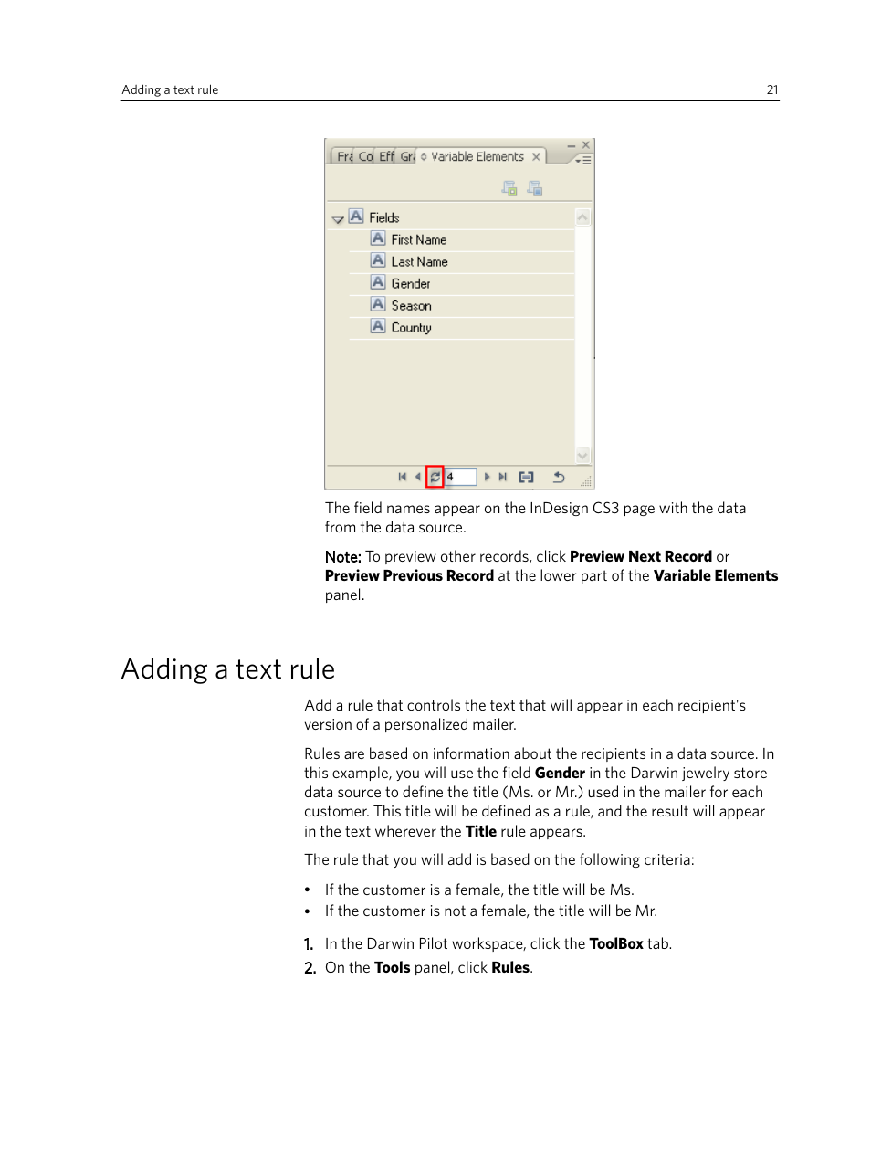 Adding a text rule | Konica Minolta Darwin VDP Software User Manual | Page 29 / 110