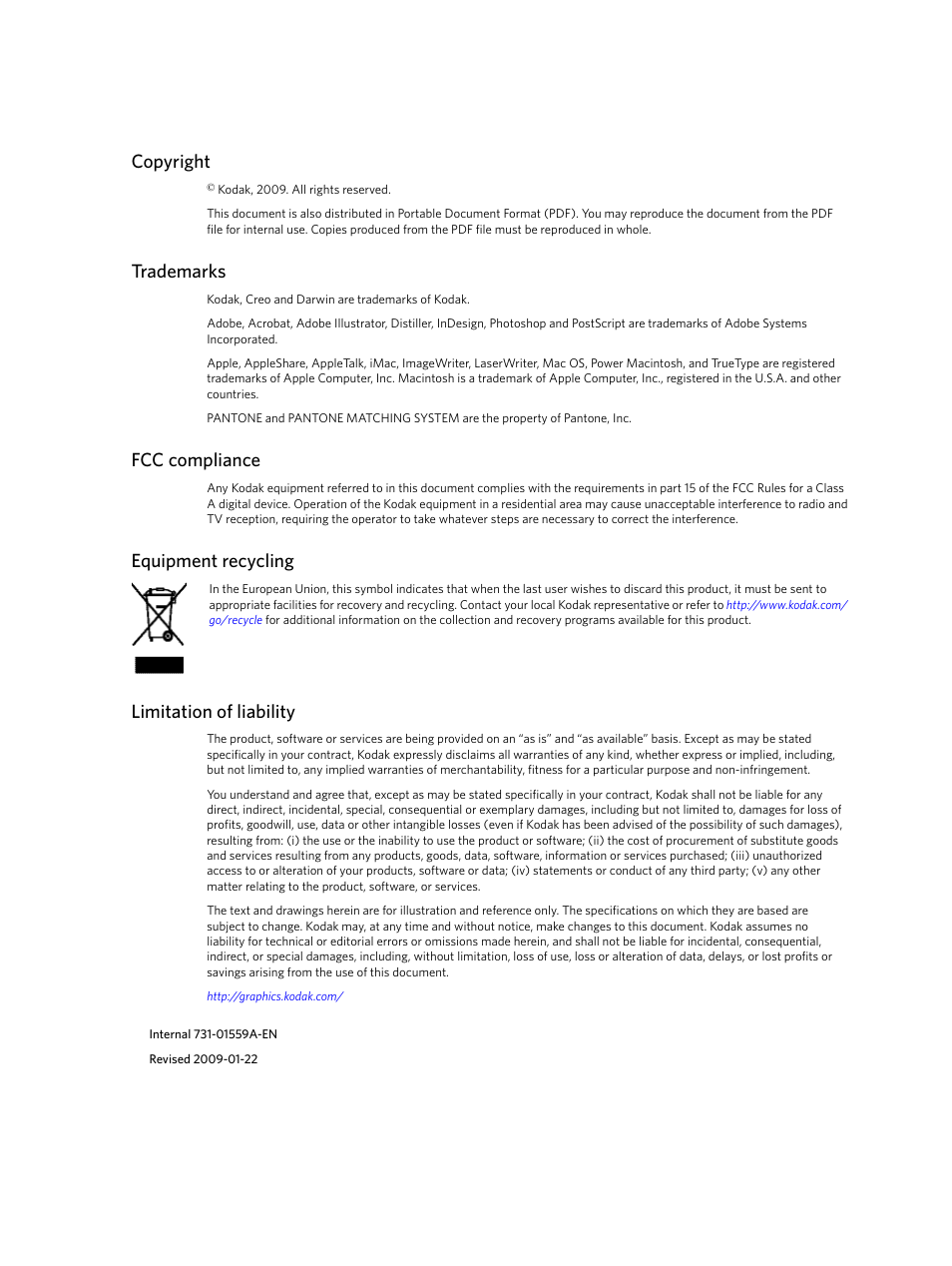 Copyright, Trademarks, Fcc compliance | Equipment recycling, Limitation of liability | Konica Minolta Darwin VDP Software User Manual | Page 3 / 110