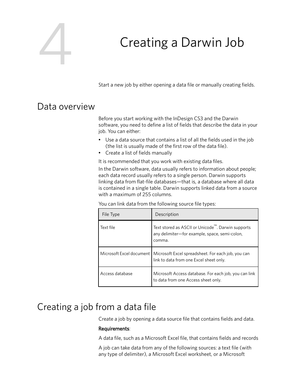 Creating a darwin job, Data overview, Creating a job from a data file | Data overview creating a job from a data file | Konica Minolta Darwin VDP Software User Manual | Page 43 / 110