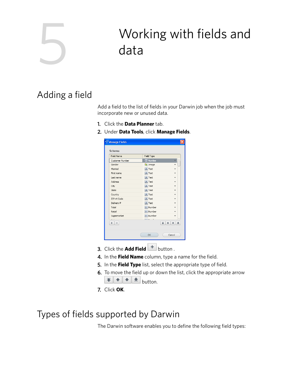 Working with fields and data, Adding a field, Types of fields supported by darwin | Adding a field types of fields supported by darwin | Konica Minolta Darwin VDP Software User Manual | Page 47 / 110