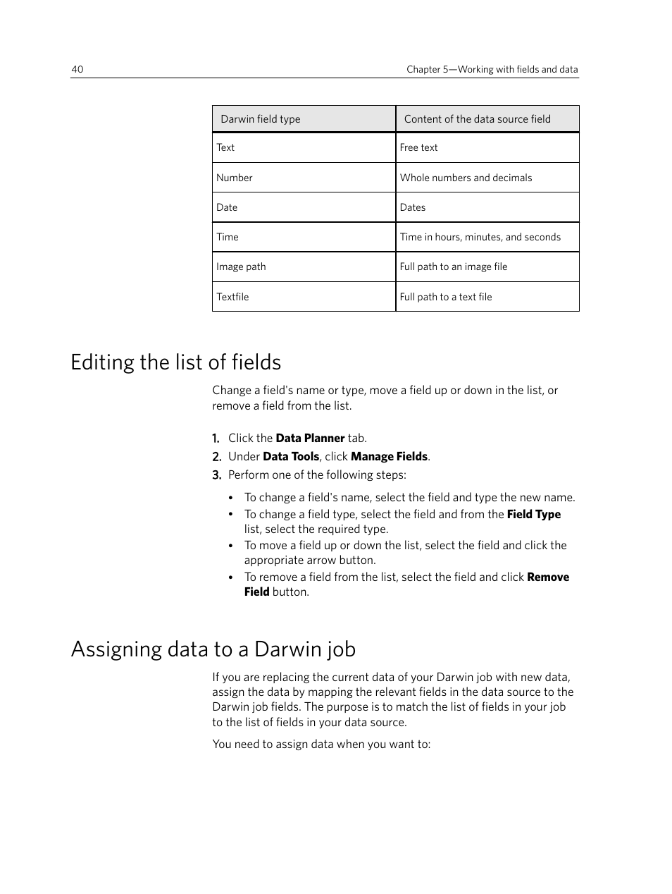 Editing the list of fields, Assigning data to a darwin job | Konica Minolta Darwin VDP Software User Manual | Page 48 / 110
