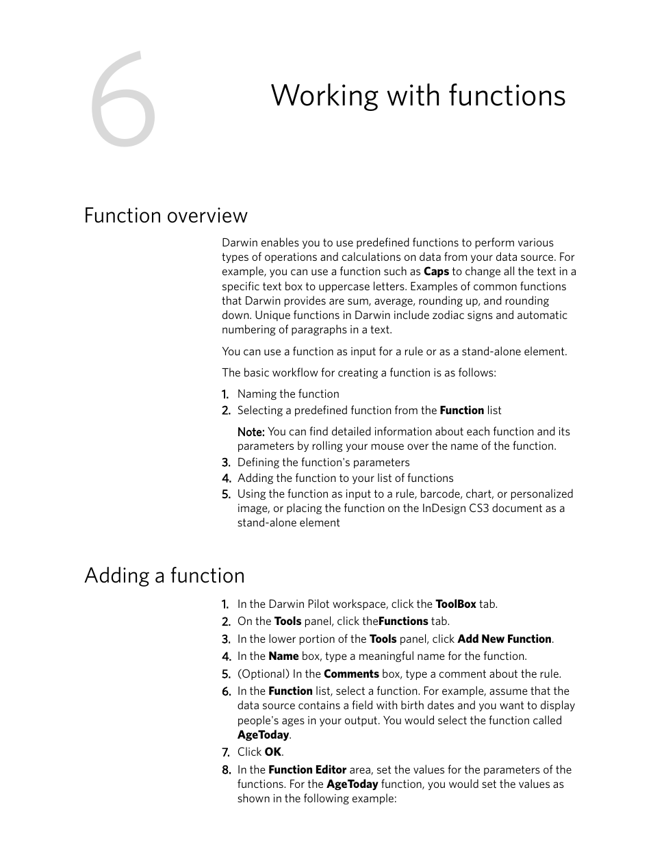 Working with functions, Function overview, Adding a function | Function overview adding a function | Konica Minolta Darwin VDP Software User Manual | Page 51 / 110