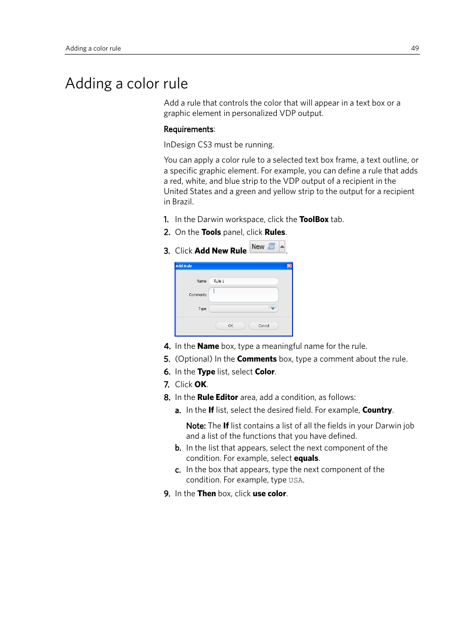 Adding a color rule | Konica Minolta Darwin VDP Software User Manual | Page 57 / 110