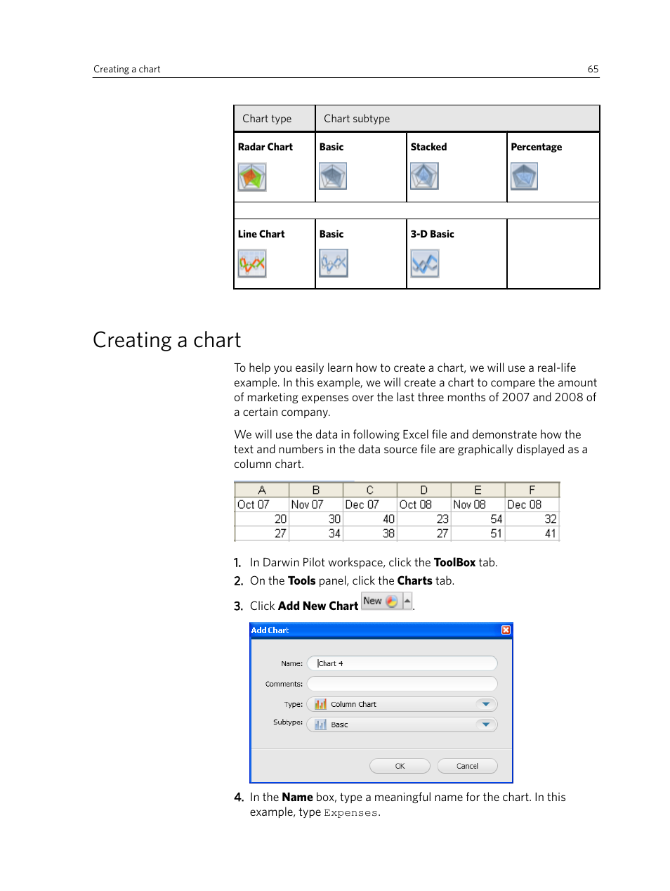 Creating a chart | Konica Minolta Darwin VDP Software User Manual | Page 73 / 110