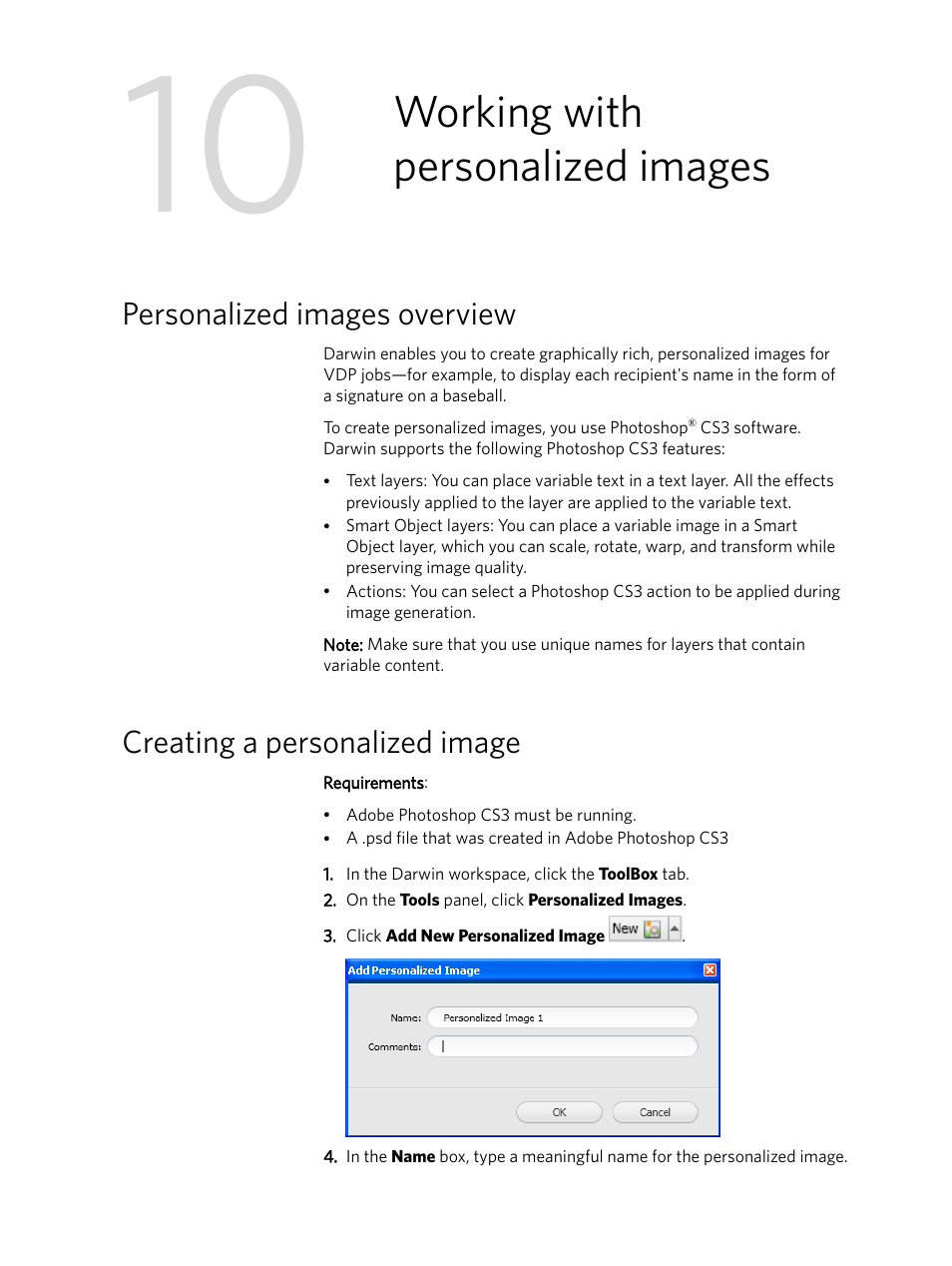 Working with personalized images, Personalized images overview, Creating a personalized image | Konica Minolta Darwin VDP Software User Manual | Page 85 / 110