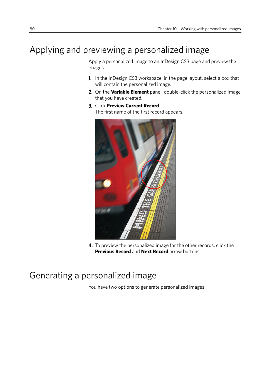 Applying and previewing a personalized image, Generating a personalized image | Konica Minolta Darwin VDP Software User Manual | Page 88 / 110