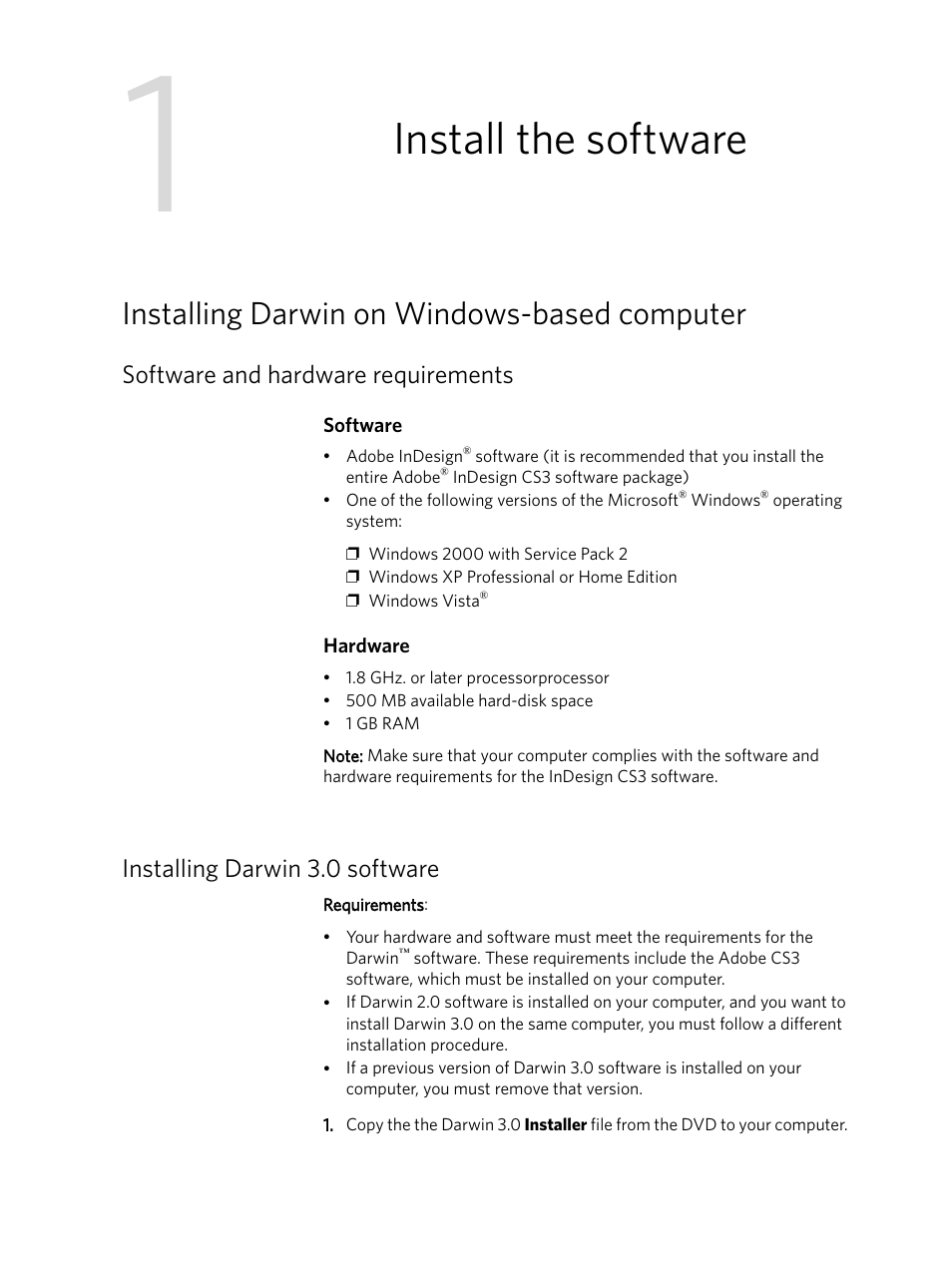 Install the software, Installing darwin on windows-based computer, Software and hardware requirements | Installing darwin 3.0 software | Konica Minolta Darwin VDP Software User Manual | Page 9 / 110