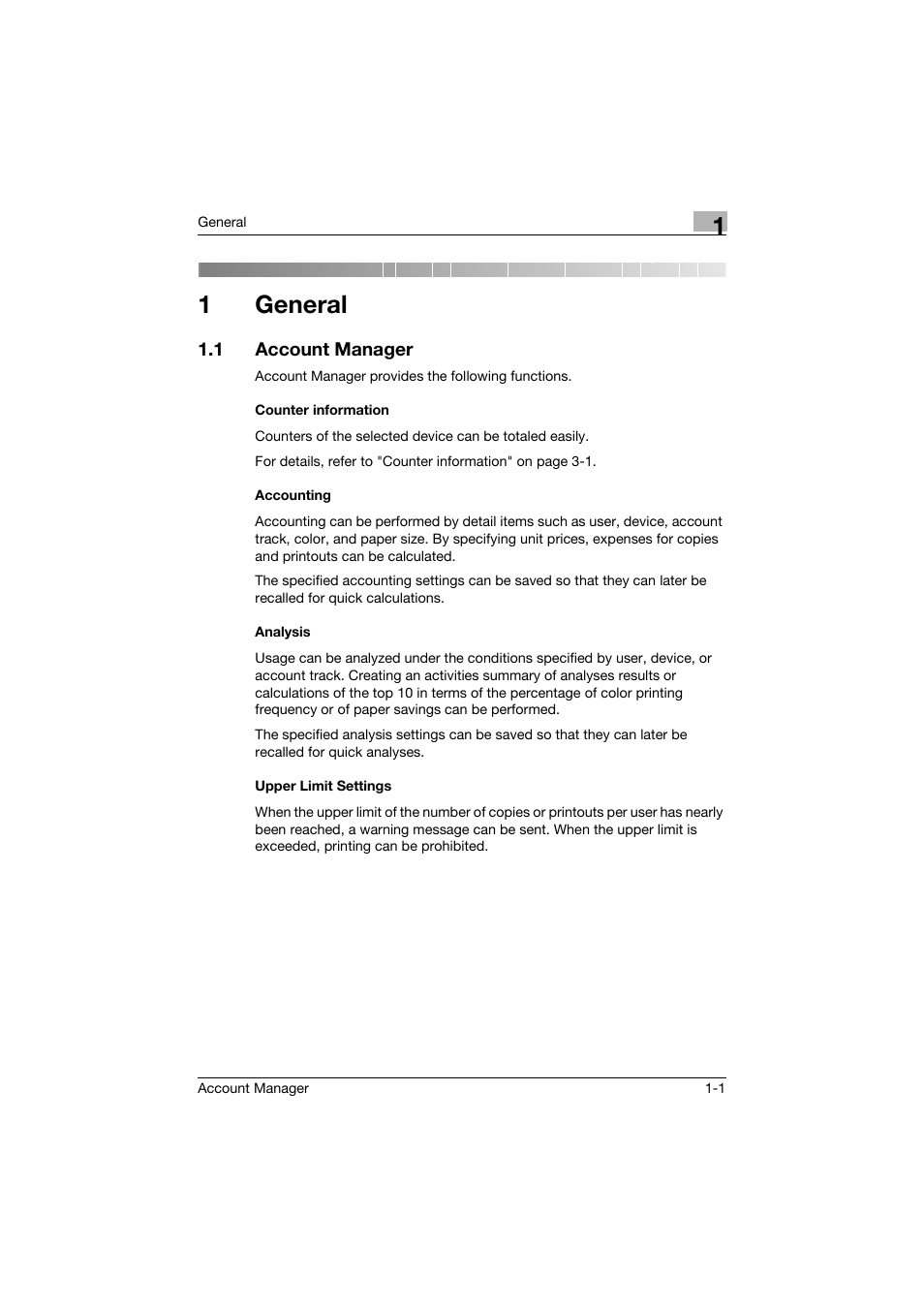 1 general, 1 account manager, Counter information | Accounting, Analysis, Upper limit settings, General, Account manager -1, 1general | Konica Minolta PageScope Enterprise Suite User Manual | Page 10 / 203
