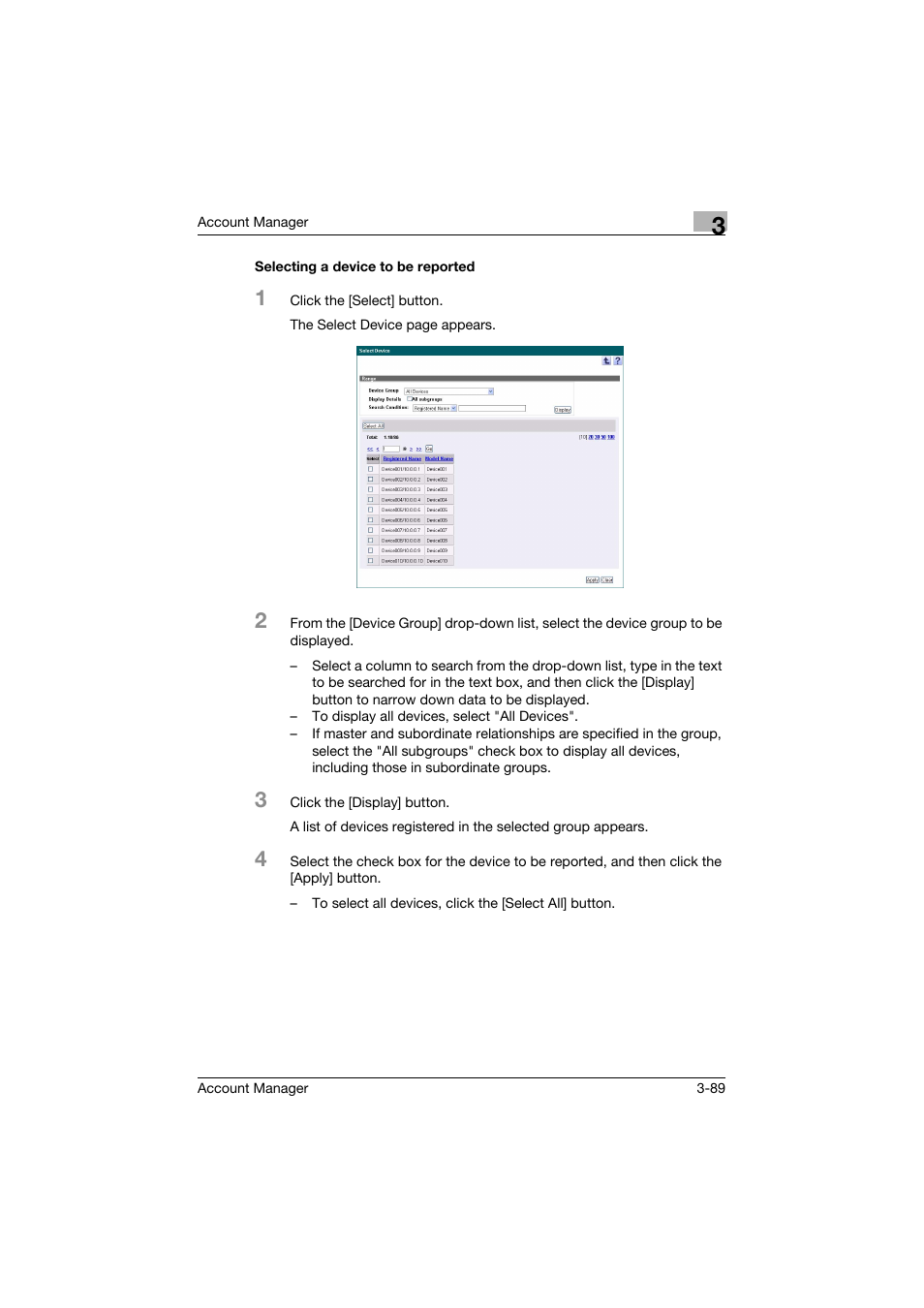 Selecting a device to be reported, Selecting a device to be reported -89 | Konica Minolta PageScope Enterprise Suite User Manual | Page 104 / 203