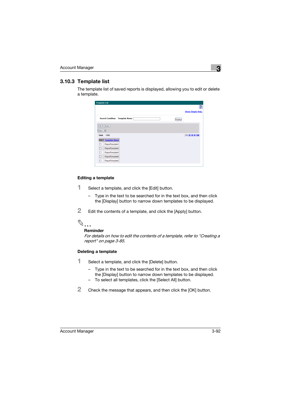 3 template list, Editing a template, Deleting a template | Konica Minolta PageScope Enterprise Suite User Manual | Page 107 / 203