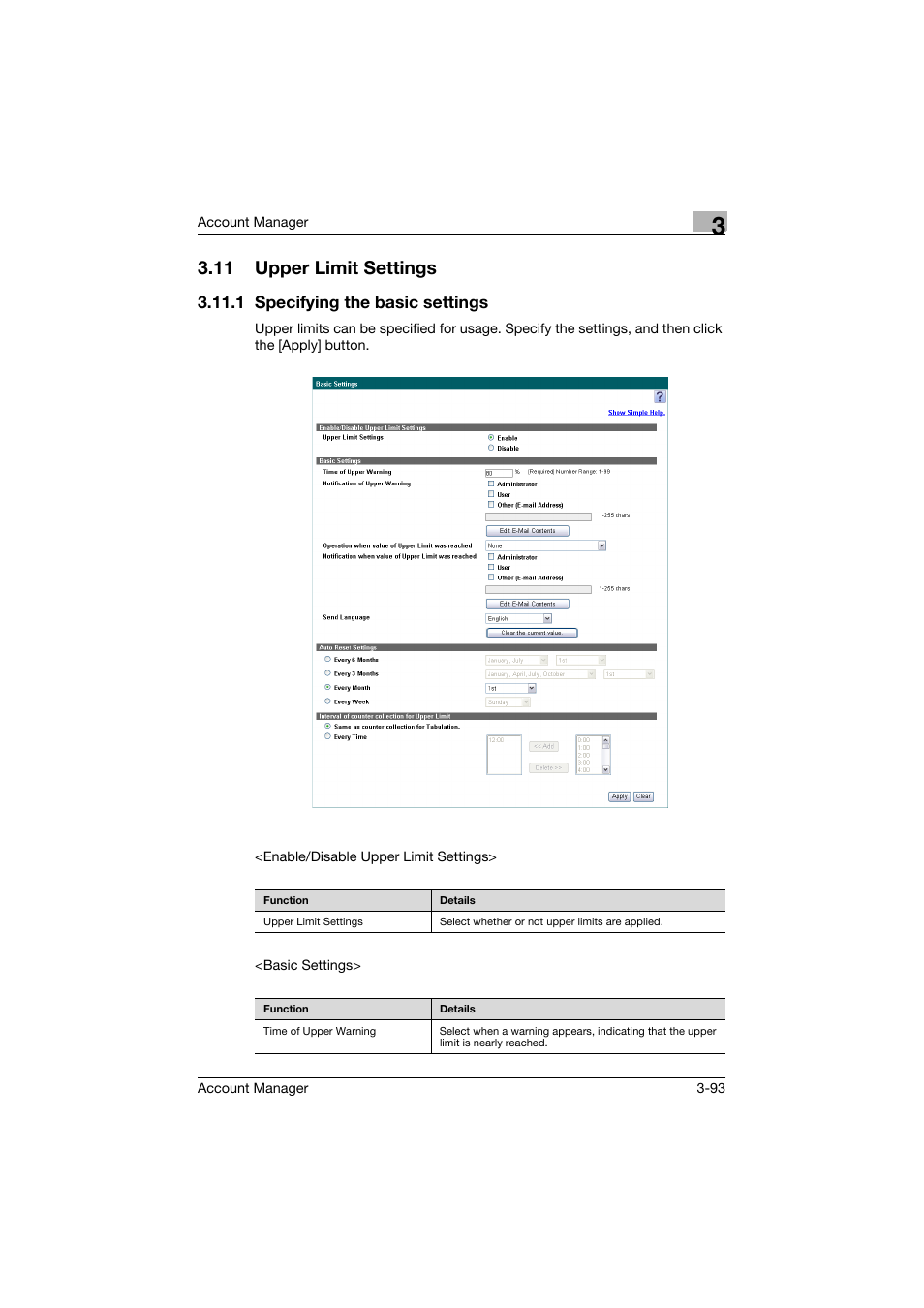 11 upper limit settings, 1 specifying the basic settings, Upper limit settings -93 | Specifying the basic settings -93 | Konica Minolta PageScope Enterprise Suite User Manual | Page 108 / 203