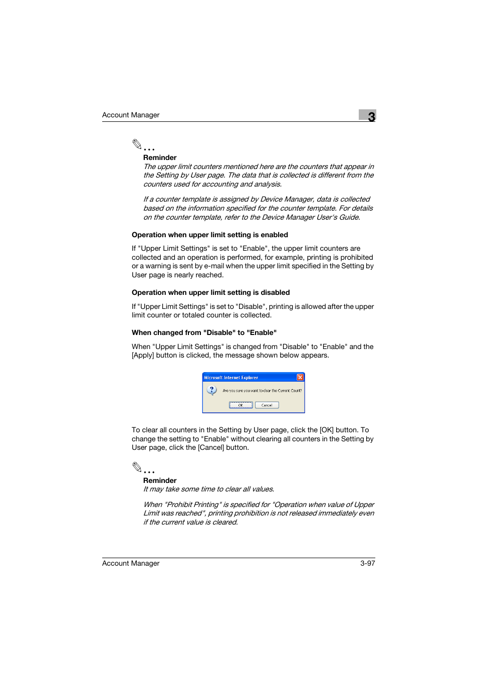 Operation when upper limit setting is enabled, Operation when upper limit setting is disabled, When changed from "disable" to "enable | Konica Minolta PageScope Enterprise Suite User Manual | Page 112 / 203