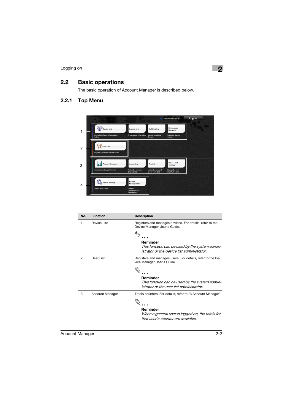 2 basic operations, 1 top menu, Basic operations -2 | Top menu -2 | Konica Minolta PageScope Enterprise Suite User Manual | Page 13 / 203