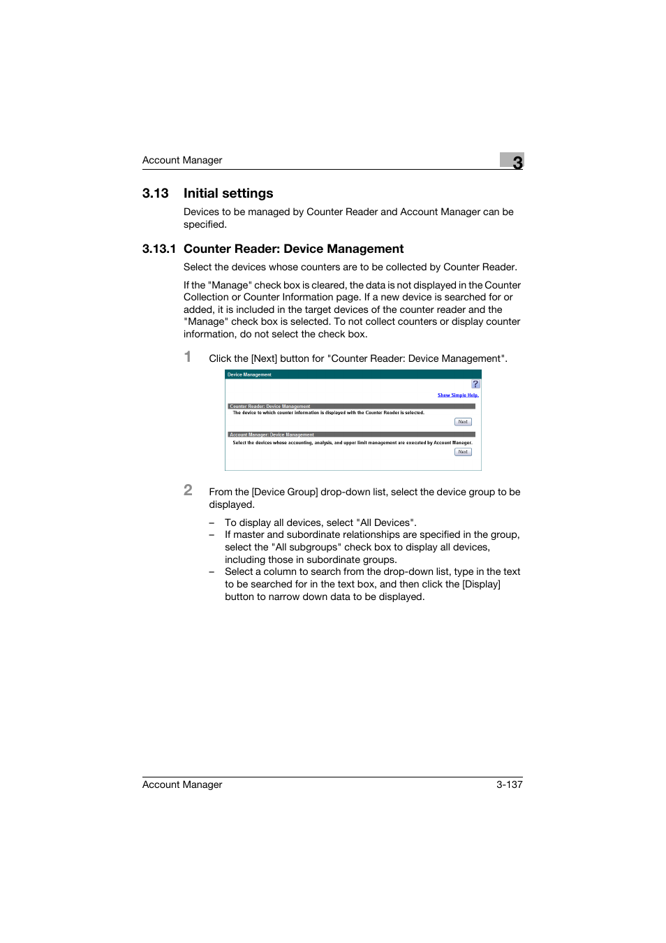 13 initial settings, 1 counter reader: device management, Initial settings -137 | Counter reader: device management -137 | Konica Minolta PageScope Enterprise Suite User Manual | Page 152 / 203