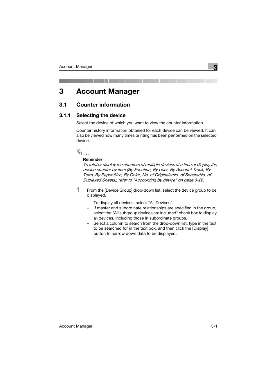 3 account manager, 1 counter information, 1 selecting the device | Account manager, Counter information -1, Selecting the device -1, 3account manager | Konica Minolta PageScope Enterprise Suite User Manual | Page 16 / 203
