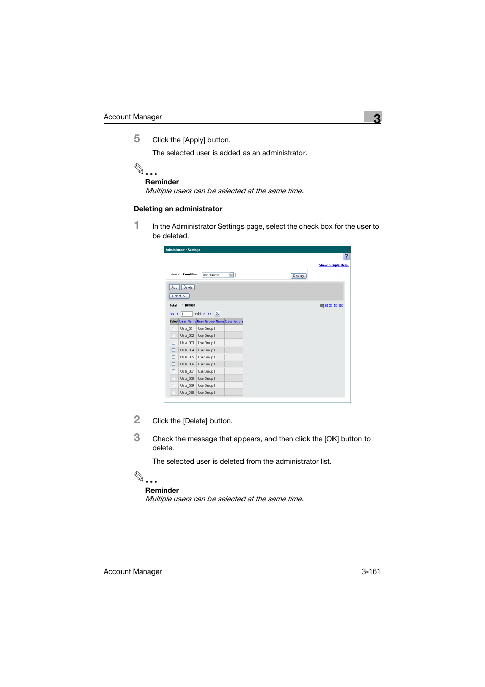 Deleting an administrator, Deleting an administrator -161 | Konica Minolta PageScope Enterprise Suite User Manual | Page 176 / 203