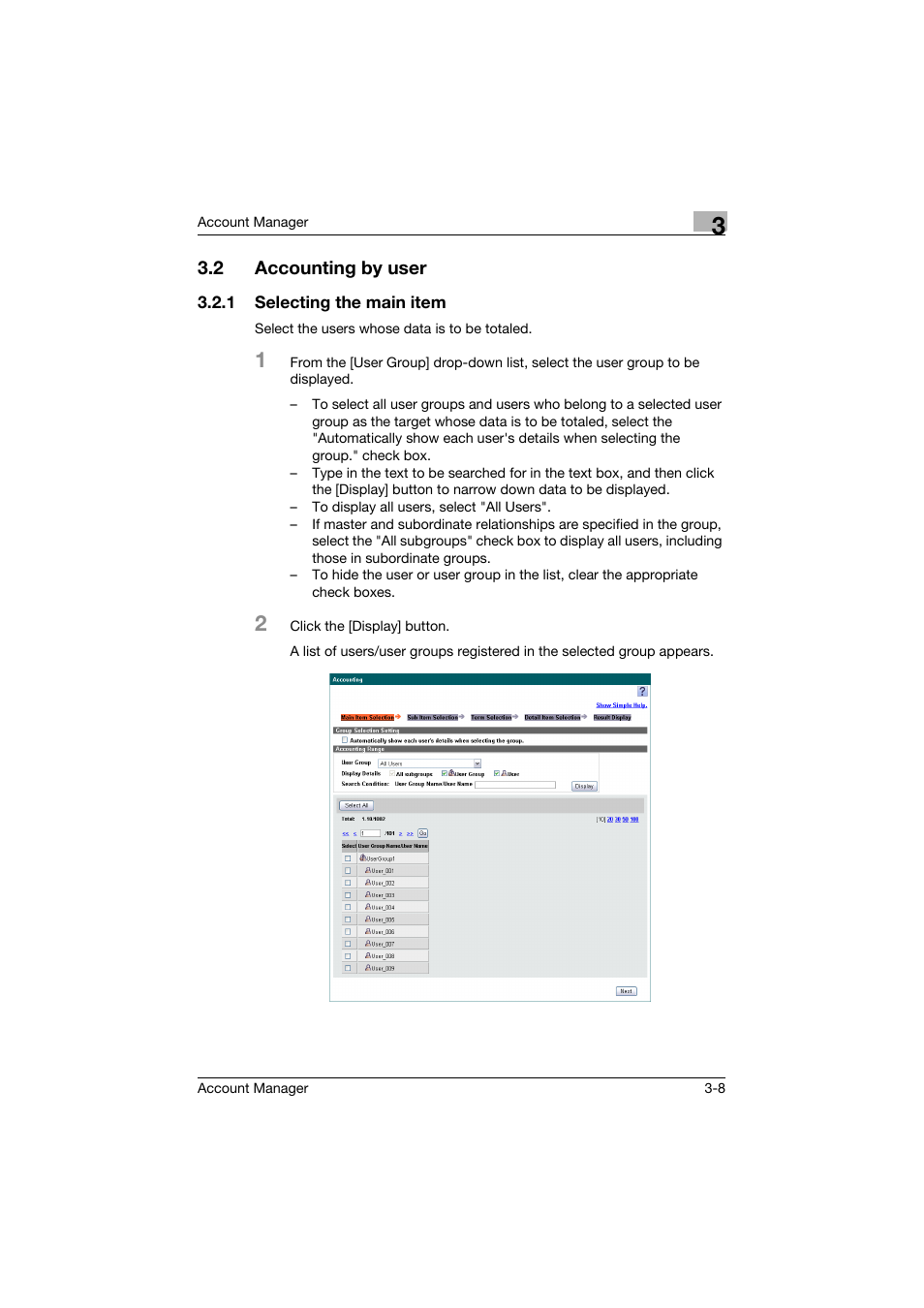 2 accounting by user, 1 selecting the main item, Accounting by user -8 | Selecting the main item -8 | Konica Minolta PageScope Enterprise Suite User Manual | Page 23 / 203