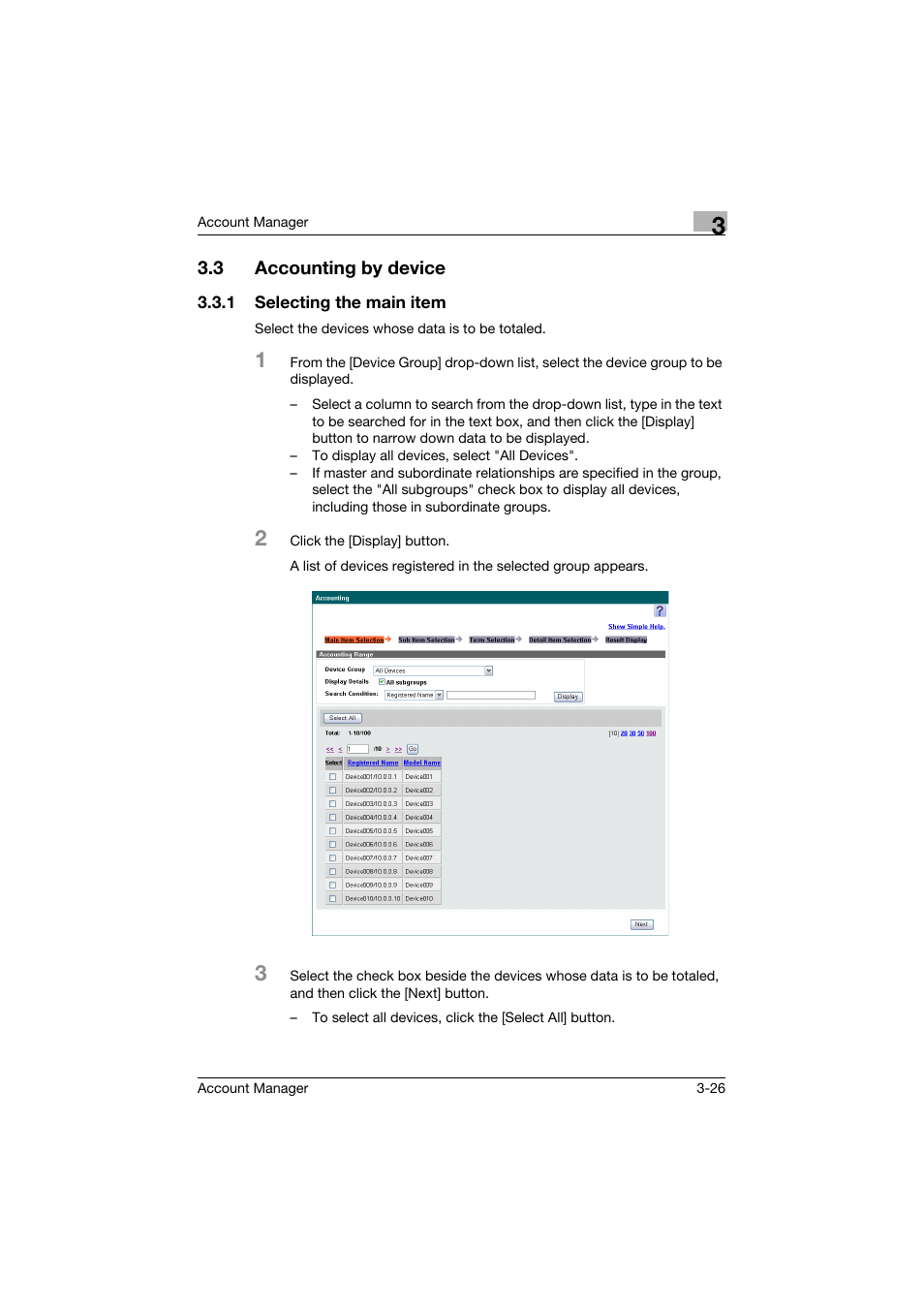 3 accounting by device, 1 selecting the main item, Accounting by device -26 | Selecting the main item -26 | Konica Minolta PageScope Enterprise Suite User Manual | Page 41 / 203