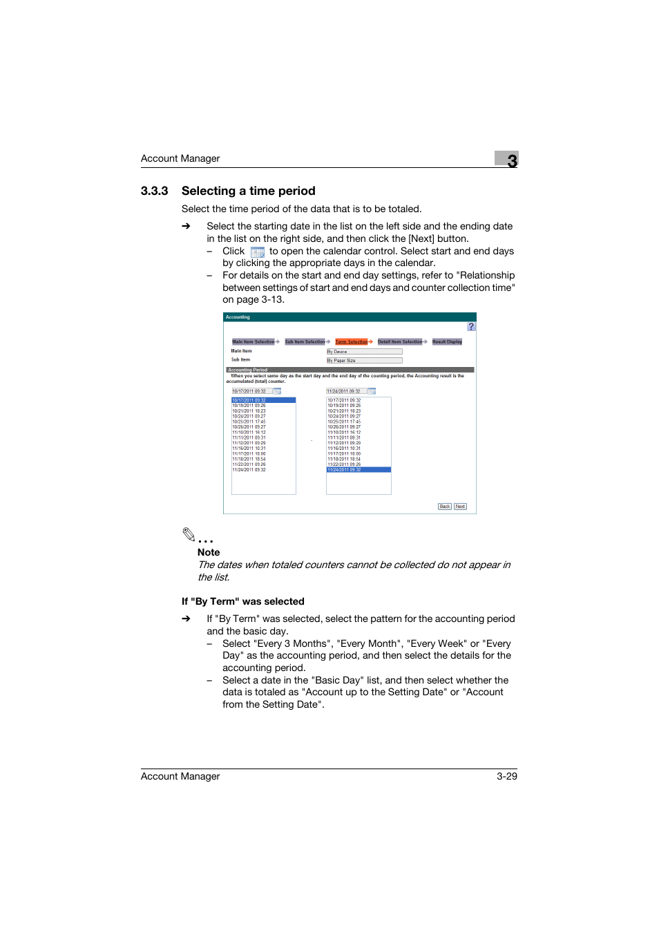 3 selecting a time period, If "by term" was selected | Konica Minolta PageScope Enterprise Suite User Manual | Page 44 / 203