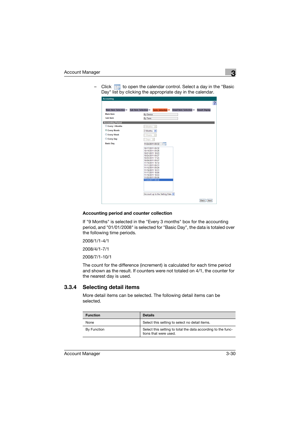 Accounting period and counter collection, 4 selecting detail items, Accounting period and counter collection -30 | Selecting detail items -30 | Konica Minolta PageScope Enterprise Suite User Manual | Page 45 / 203